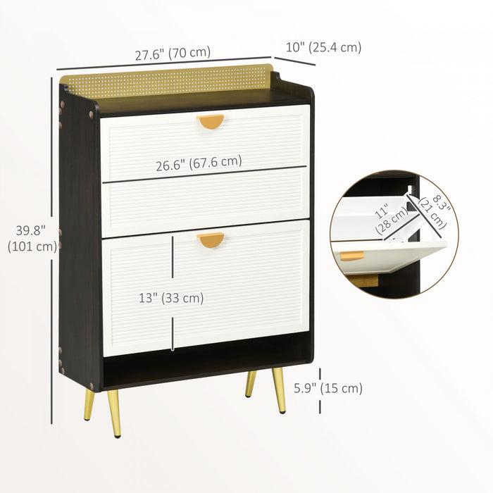 HOMCOM Modern Shoe Cabinet with Two Flip Drawers Bamboo Door White