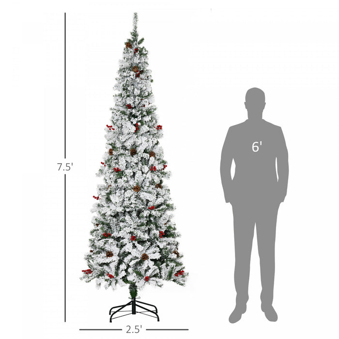 Homcom 7.5ft Snow Artificial Christmas Tree W/ Pine Cone, Red Berry