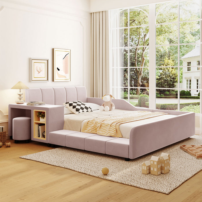 Lily Velvet Upholstered Grounded Bed with Desk and Stool,Full Size,Pink Full Bed