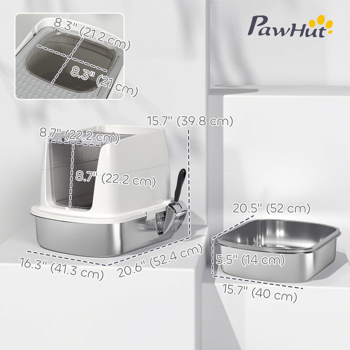 PawHut Stainless Steel Litter Box with Lid, Large Hooded Cat Litter Tray with Flip Cover, Metal Scoop, Deodoriser Bag, Non-Sticky, Odour Control and Easy Clean, White