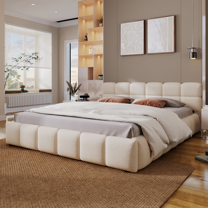 Eleanor Elegant Chenille Upholstered Bed with Checkerboard Design,Queen Size,Beige Queen Bed