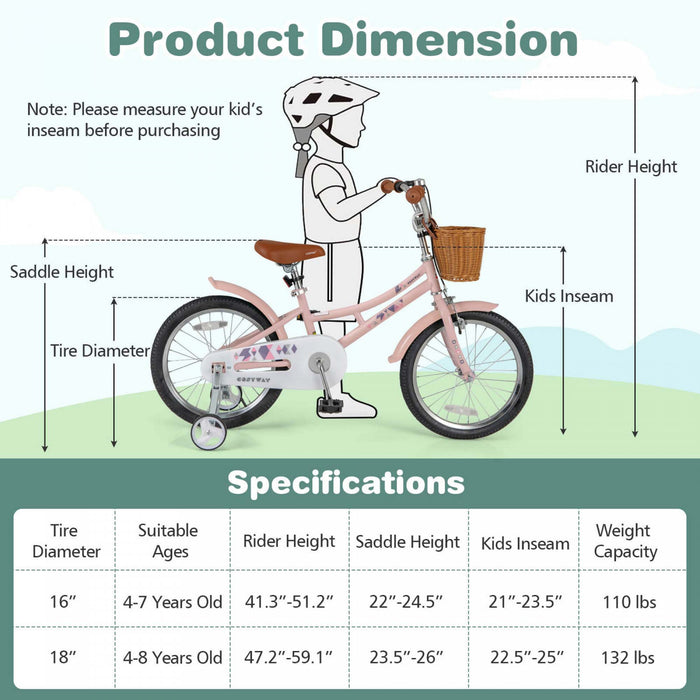 Costway 18\" Kids Bike With Height Adjustable Handlebar Seat Basket Bell Training Wheels Pink