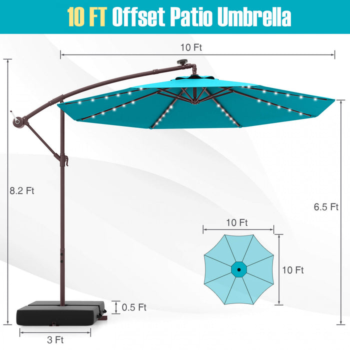 Costway Patio 10FT Hanging Offset Umbrella 32 LED Lights Sand Bag Outdoor Cross Base Turquoise