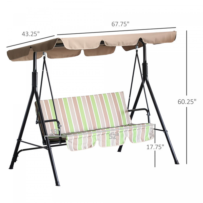 Outsunny 3-seat Patio Swing Chair, Outdoor Porch Swing Glider With Adjustable Canopy, Removable Cushion, And Weather Resistant Steel Frame, For Garden, Poolside, Green Stripes