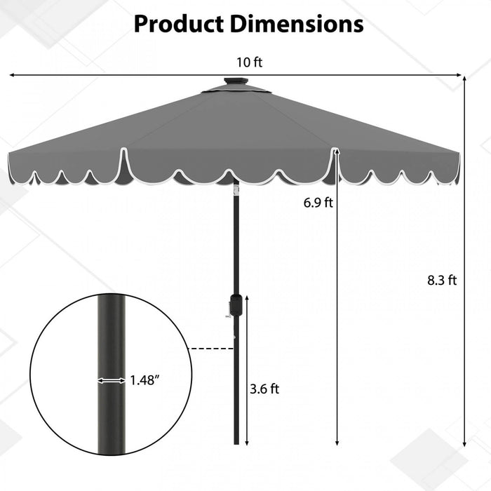 Costway 10 FT Solar Patio Umbrella with 24 LED Lights 8 Ribs & Tilt Adjustment Gray