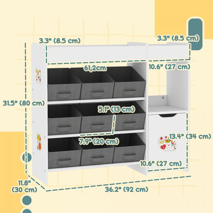 Qaba Toy Storage Organizer, Kids Bookshelf With 9 Non-woven Fabric Boxes, Storage Cabinet & Shelves, Toy Shelf For Kids Room, Nursery, Playroom, White