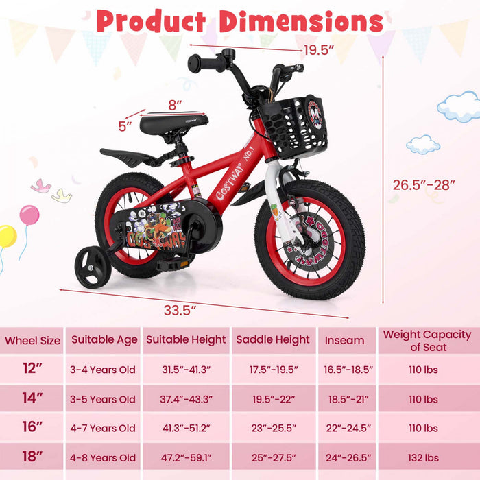 Costway 12\" Kid's Bike For 3-4 With Height-adjustable Handlebar & Saddle Handbrake Red