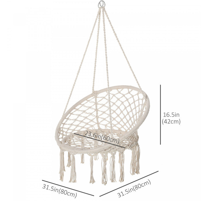Outsunny Patio Hammock Chair, Hanging Rope Hammock Swing For Indoor & Outdoor Use With Backrest, Cotton-polyester Blend, Fringe Tassels, Cream White