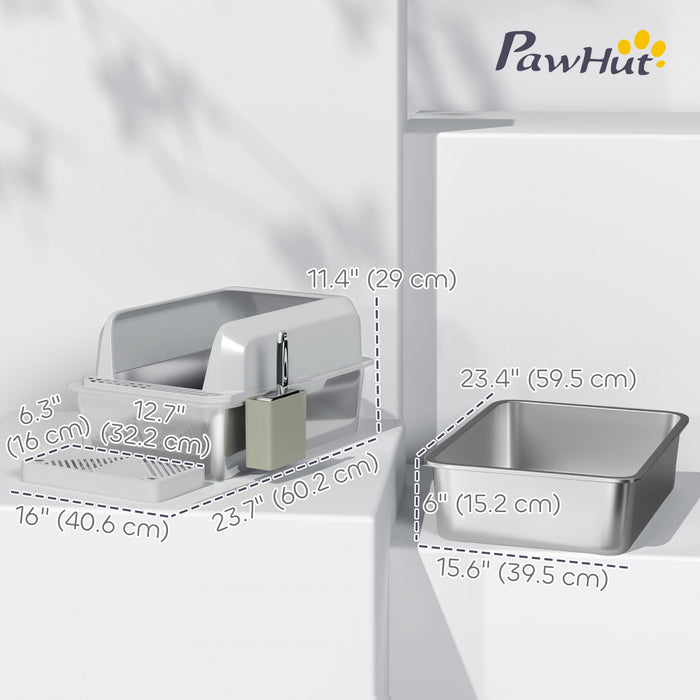 Pawhut Stainless Steel Cat Litter Box, 24\" X 16\" X 11\" Cat Litter Box High Sided Wall, Metal Litter Box With Metal Scoop & Holder, Non-sticky, Easy To Clean, Anti-urine Leakage