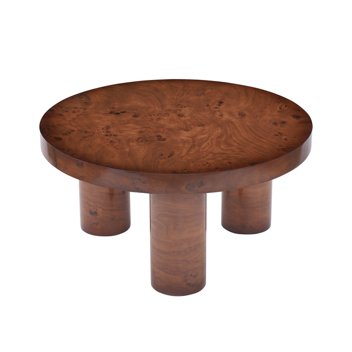 Lira 31.5 Inch Modern Round Burl Veneer Coffee Table with Three Cylindrical Legs, Brown
