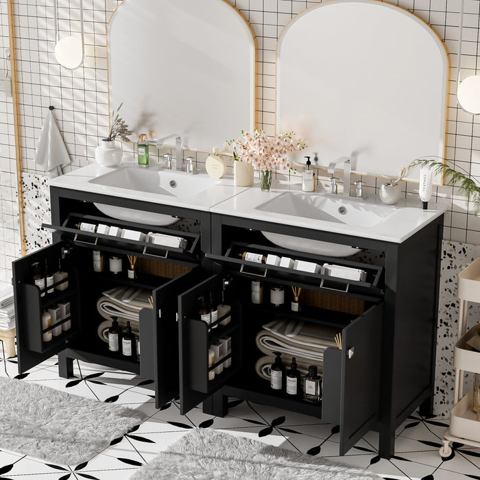 Felix 60 Inch Modern Double Bathroom Vanity with Ceramic Sink & Storage Cabinet, Black