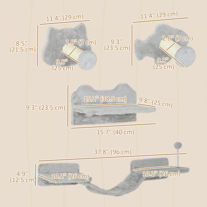 Pawhut 4-piece Cat Wall Shelf Set With Scratching Post, Steps, Bridge, Platforms, Cat Climber Shelves For Indoor Kittens, Light Grey