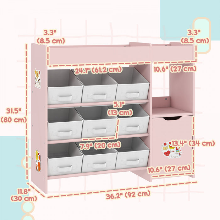 Qaba Toy Storage Organizer, Montessori-Inspired Kids BookShelf with 9 Non-Woven Fabric Boxes, Storage Cabinet & Shelves, Toy Shelf for Kids Room, Nursery, Playroom, Pink