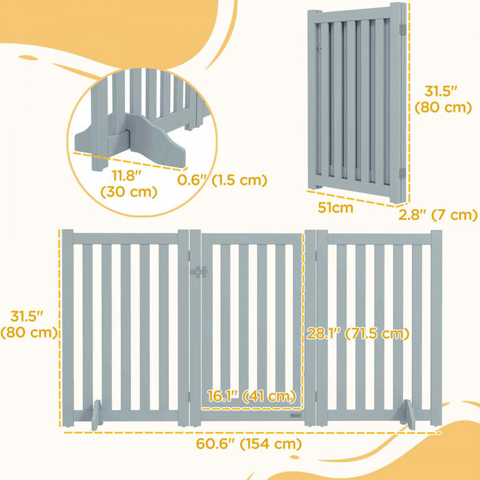 Pawhut Foldable Dog Gate With Door, 3 Panels Freestanding Pet Gate With Support Feet Indoor Playpen For Medium Dogs And Below, Grey