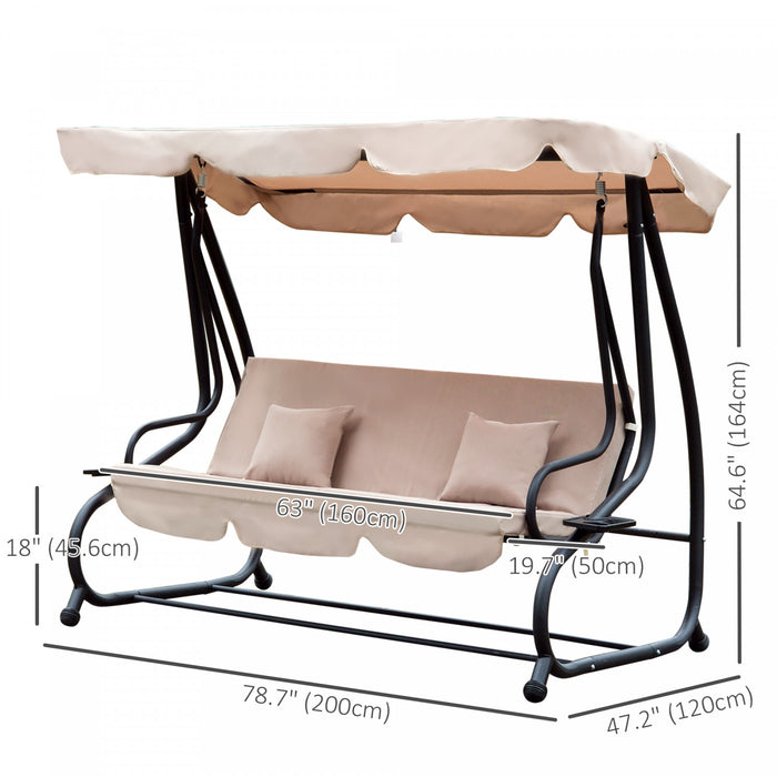 Outsunny 3-seat Outdoor Patio Swing Chair, Converting Flat Bed, Canopy Swing With Adjustable Shade, Removable Cushions, Cup Holder, Light Brown