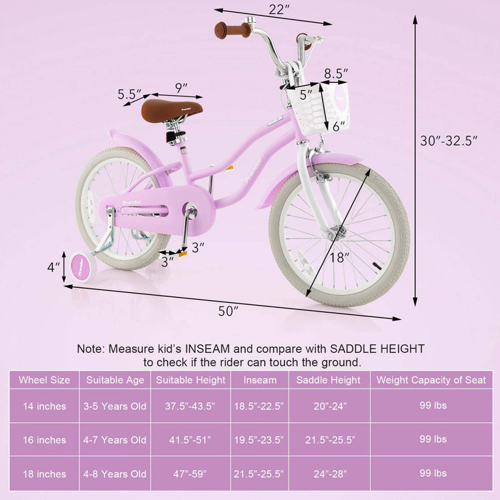 Costway 18\" Kids Bike Toddler Bicycle Withtraining Wheel Kickstand For 4-8 Years Purple