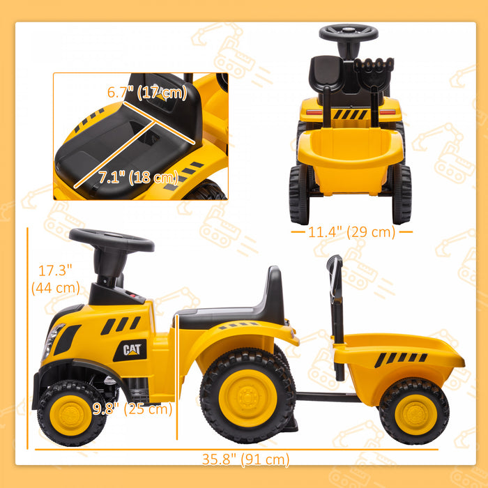 Qaba Powered Ride-On Tractor, Caterpillar Licensed Ride On Excavator For Kids With Shovel, Trailer, No Power Construction Car For Toddlers 18-36 Months, Yellow