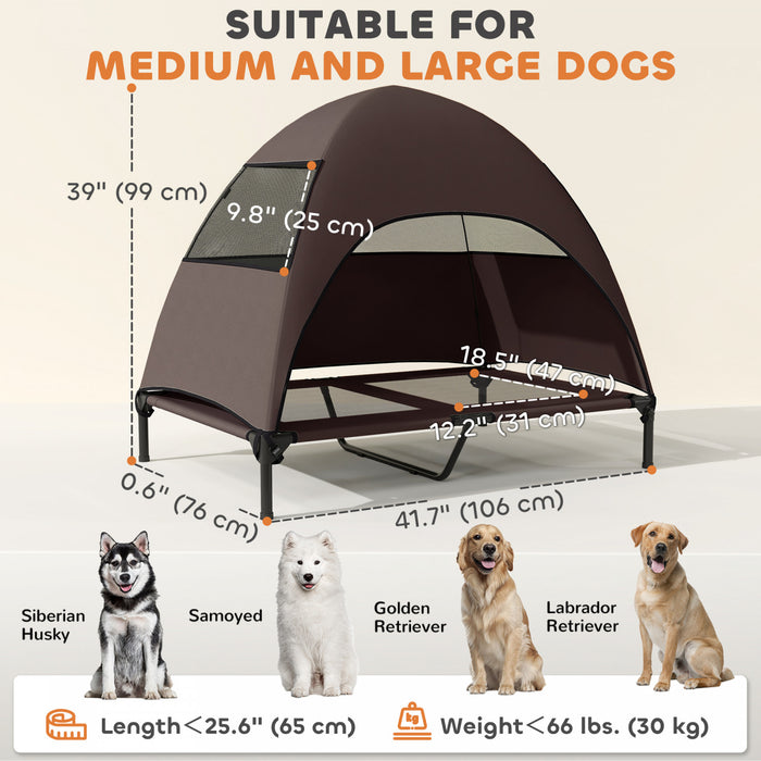 PawHut Outdoor Elevated Dog Bed with Canopy, Cooling Pet Lounger for Large Dogs, Washable Mesh, Steel Frame, Suitable for Camping & Garden, 41.7\" x 29.9\" x 39\",Coffee