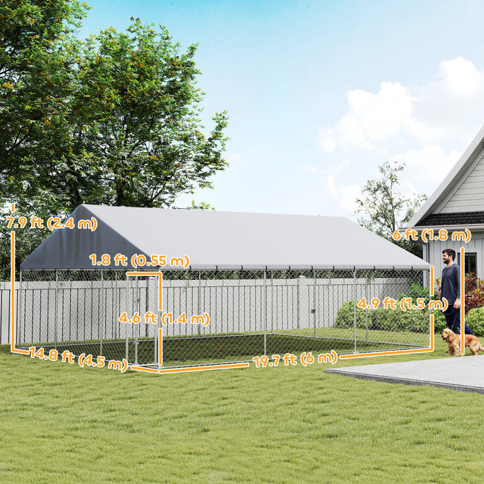 PawHut Large Dog Kennel with Roof and Safety Lockable Latches, Heavy-Duty Galvanized Steel Dog Run Chain Link w/ Waterproof UV-Resistant Cover, 19.7' x 14.8' x 7.9'