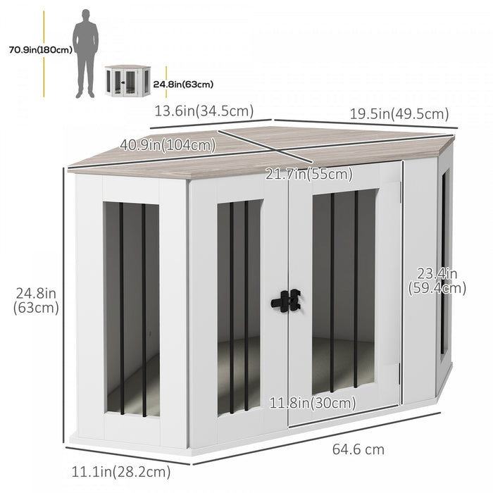 Pawhut Corner Dog Crate Furniture, 41\" Dog Crate End Table With Cushion, Door, Lock, Indoor Dog Cage For Medium And Small Dogs, White