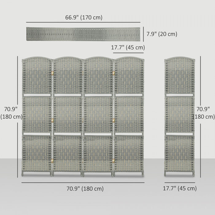 HOMCOM Folding Privacy Screen with Shelves, 4 Panel Room Divider, Grey