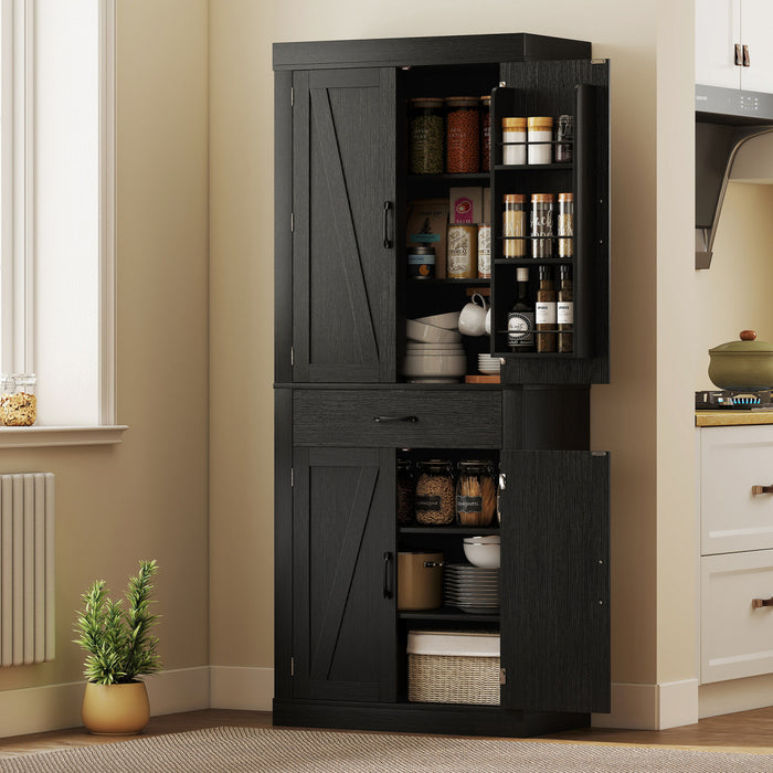 72\" Kitchen Pantry Cabinet, Kitchen Storage Cabinet with Barn Doors, Black