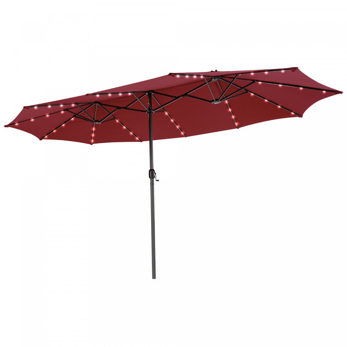 Costway 15FT Twin Patio Double-Sided Umbrella 48 Solar LED Lights Crank Outdoor Wine