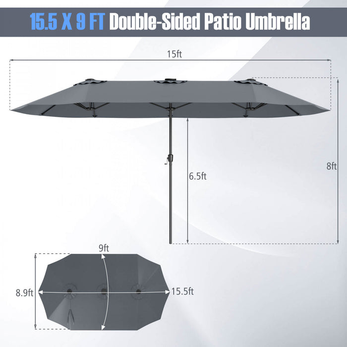 Costway 15.5 FT Extra-Large Patio Umbrella with LED Solar Lights & 12 Heavy-Duty Ribs Gray