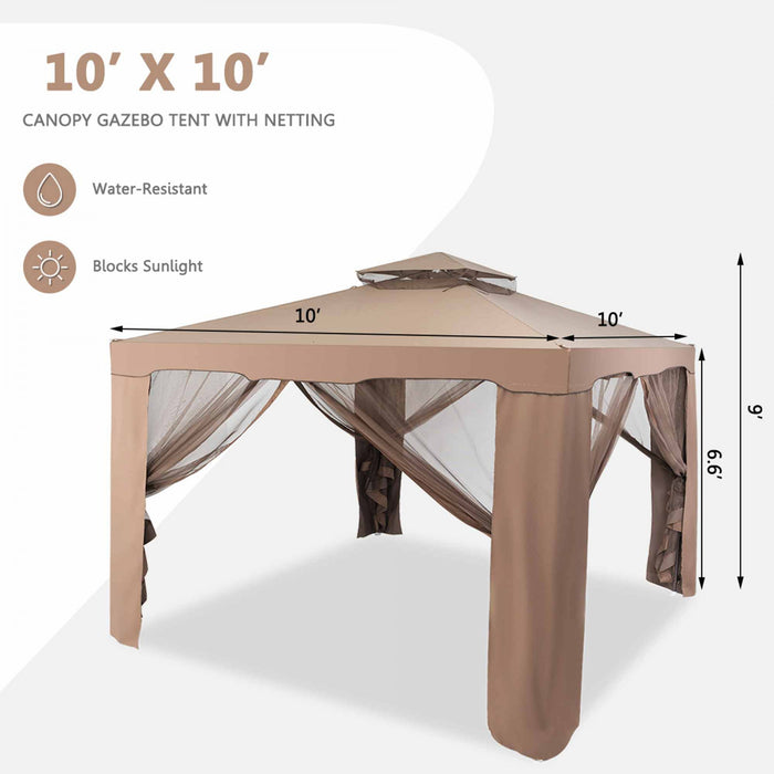 Costway 10'x 10'2-tier Canopy Gazebo Tent Outdoor Netting Picnic Party Sun Shade