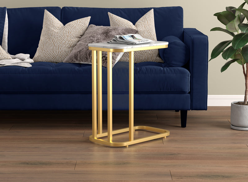 19” C-Shaped End Table - Marble Look With Gold Metal