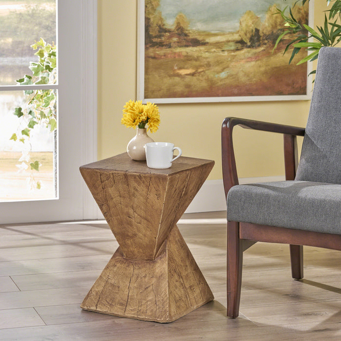 Zane 18\" MGO Geometric Twisted Accent Table, Unique Wood Grain Indoor Side Table, Natural