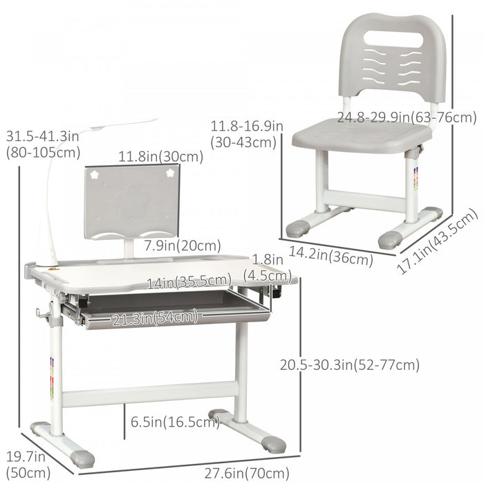 Qaba Kids Desk And Chair Set Height Adjustable Student Writing Desk Children School Study Table With Tilt Desktop, Led Lamp, Pen Box, Drawer, Reading Board, Cupholder, Grey