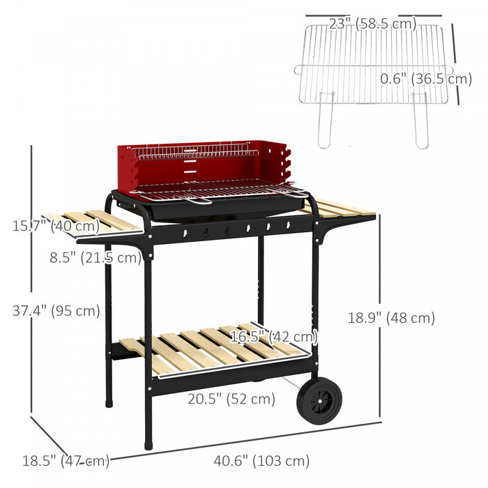 Outsunny Portable Outdoor Charcoal BBQ Grill with Adjustable Grill Height, Barbecue Trolley with Ash Catcher and Wheels for Outdoor Garden Party Cooking, Red
