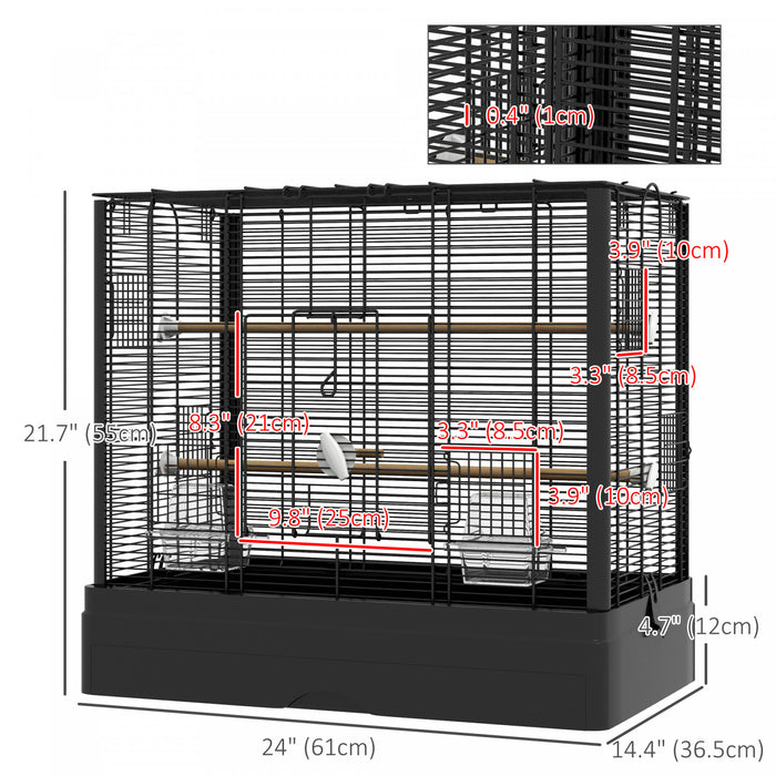 Pawhut 22\" Bird Cage For Budgie, Finches, Canaries, Love Birds, Large Parrot Cage With Wooden Stands, Slide-out Tray, Handle, Food Containers, Black