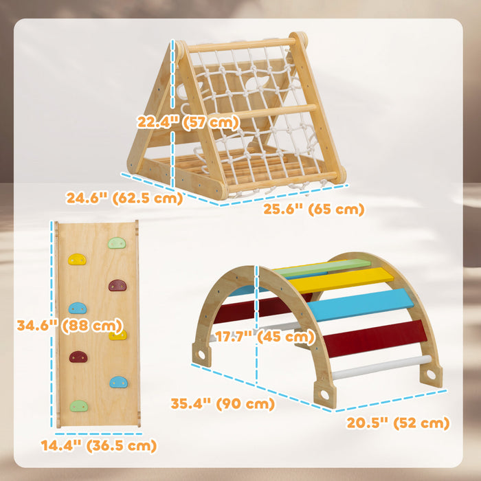 Qaba Pikler Triangle Set, 7 In 1 Climbing Toys For Toddlers Indoor, Montessori Climbing Set, Wooden Jungle Gym For Kids, With Ramp, Arch Ladder, For 18-48 Months, Multicolour