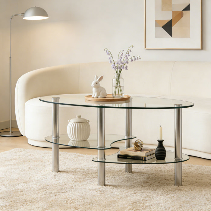 Sophia Modern Transparent Oval Glass Coffee Table with Stainless Steel Legs,Transparent