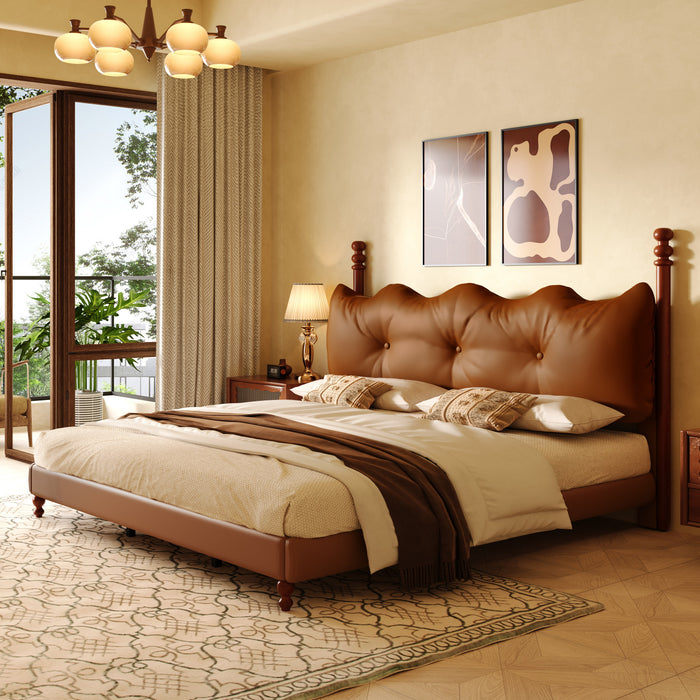Emma Faux Leather Platform Bed Frame with Headboard,Queen Size,Brown Queen Bed