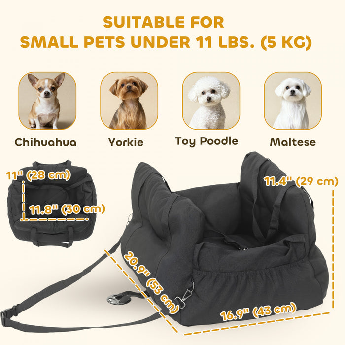 PawHut Dog Car Seat for Small Pets, Dog Booster Car Seat with Cushion and Storage Pockets, Soft Travel Bed & Carrier Bag for Pets, Machine Washable and Detachable, Black