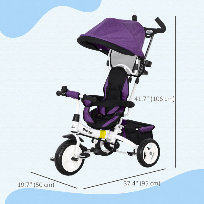 Qaba Toddler Tricycle, 6 In 1 Baby Bike Stroller With Foldable Canopy, Storage Basket, 5-point Safety Harness, Kids Trike For 1-5 Years Old, Purple