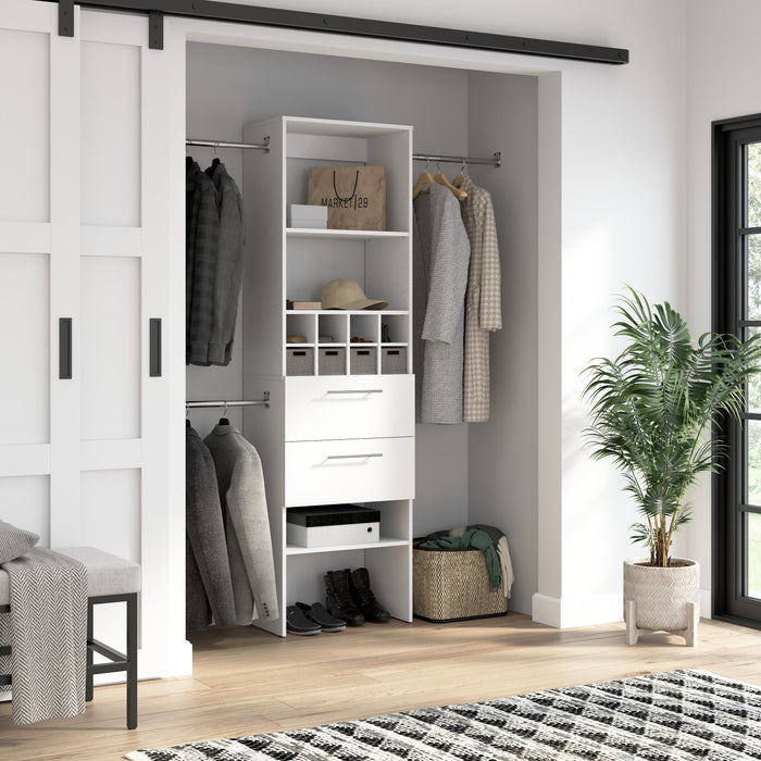 Bestar Carina Closet 24 W Closet Organizer with Clothing Rods, Drawers & Cubbies - White