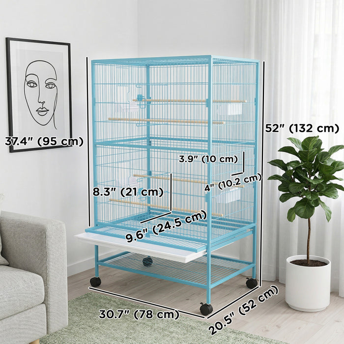 PawHut 52\" Large Steel Bird Cage for Parrot Budgie Cockatiels African Grey Parakeets Pigeons with Rolling Stand, Storage Shelf, Wood Perch, Food Container, Light Blue