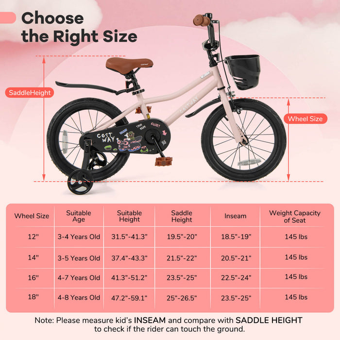 Costway 16\" Kid's Bike With Training Wheels Adjustable Handlebar & Seat Handbrake Pink