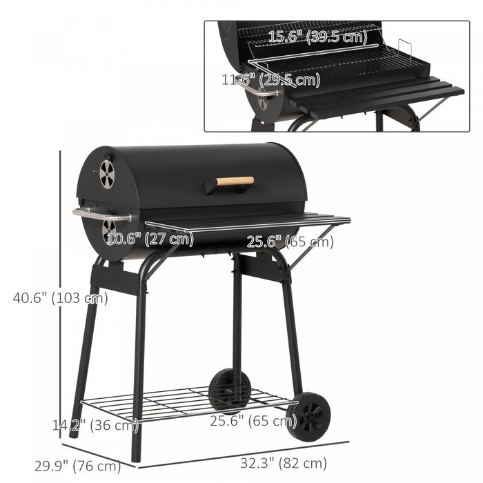 Outsunny 30\" Portable Barrel Charcoal BBQ Grill, Steel Outdoor Barbecue Smoker with 370 Square Inches Cooking Space, Storage Shelf, Wheels for Garden Camping Picnic, Black