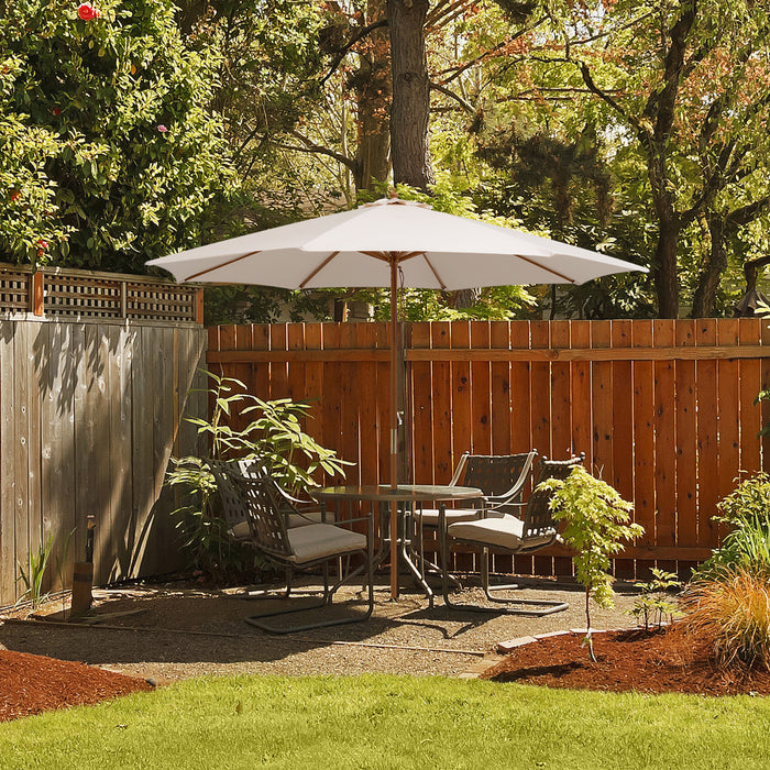 10FT Patio Wooden Market Table Umbrella Pulley w/8 Bamboo Ribs Sunshade Canopy