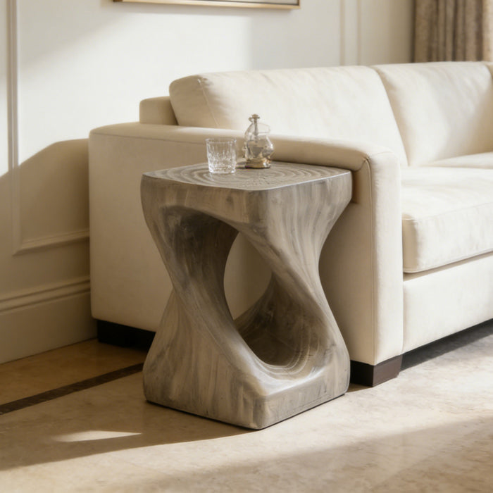 Miro 16\" Modern Twisted Hourglass MGO Accent Table, Faux Wood Grain Indoor Side Table, Grey