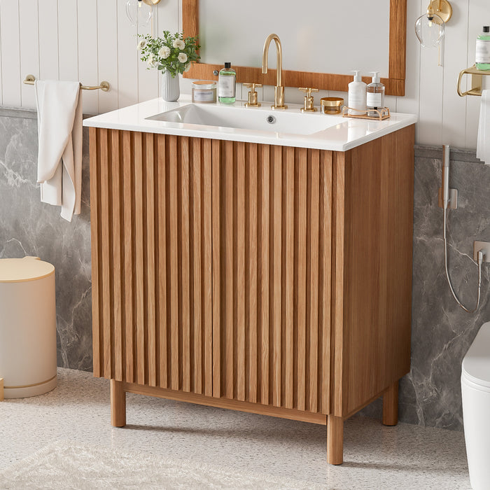 Haven Traditional 29.9 Inch Bathroom Vanity with Adjustable Storage, Brown