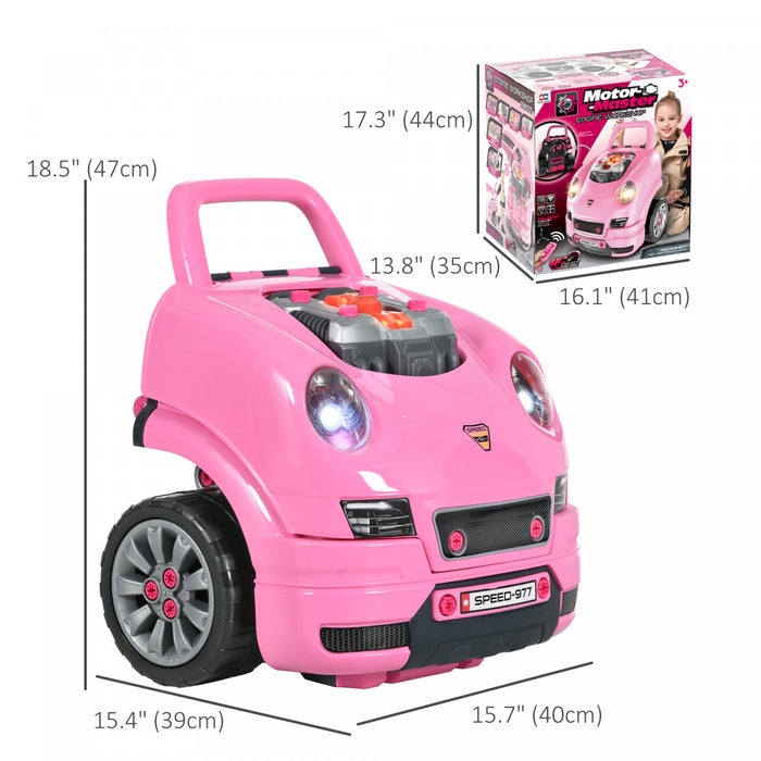 Qaba Kids Truck Engine Toy Set, Educational Car Service Station Kids Tool Set, Take Apart Workshop For 3-5 Years Old Pink