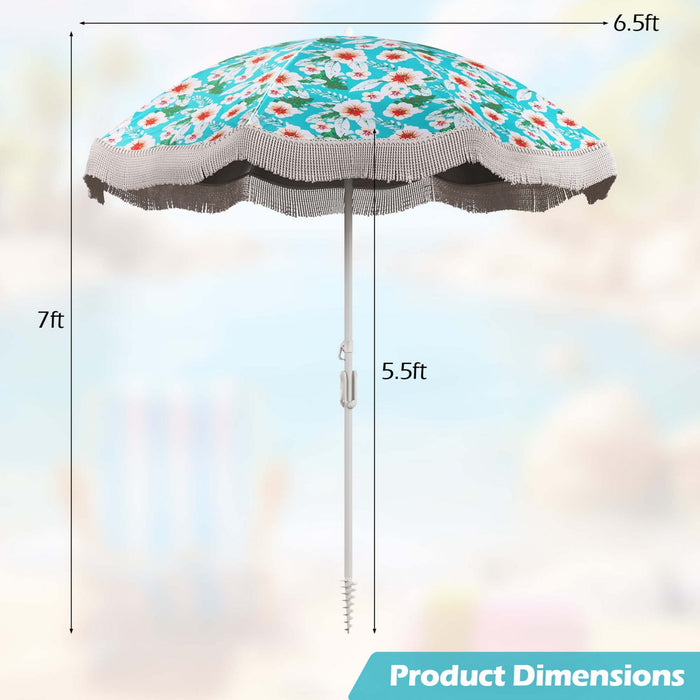 Goplus 6.5 FT Outdoor Fringe Patio Umbrella with Carrying Bag Push Button Tilt for Garden Green
