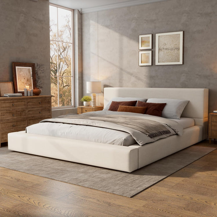 Connor Upholstered Platform Bed with Linen Headboard and Footboard,King Size,Beige King Bed