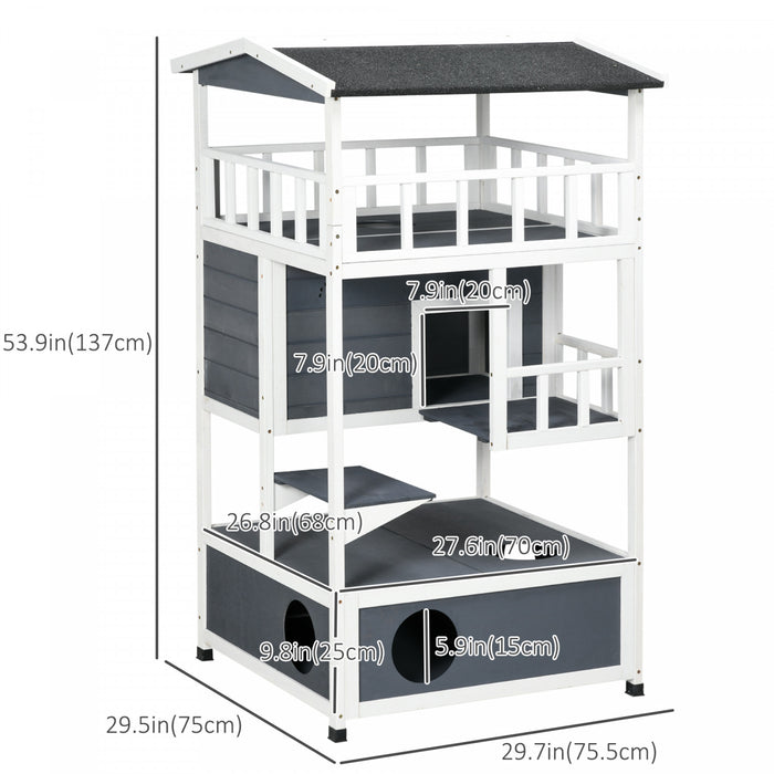 Pawhut Wooden Outdoor Cat House, Feral Cat Shelter Kitten Tree With Asphalt Roof, Escape Doors, Condo, Jumping Platform, Grey